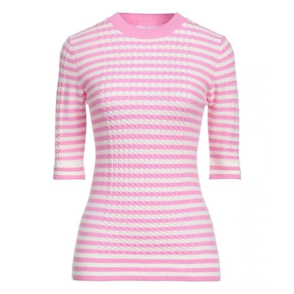 Ganni Wool Cashmere Short Sleeve Striped Knit Sweater Top Pink & White Size XL - Picture 1 of 8